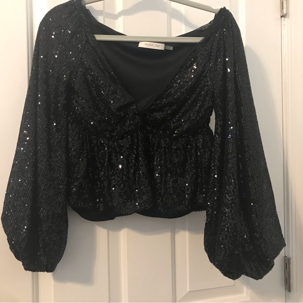 GLIMMER SPARKLE & SHINE SEQUIN BALLOON SLEEVE TWIST FRONT TOP Black S Christmas